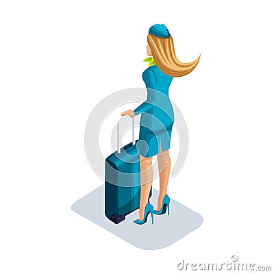 Isometric girl stewardess with things and suitcase stands at the airport, waiting for her flight. Rear view, uniform shoes Vector Illustration