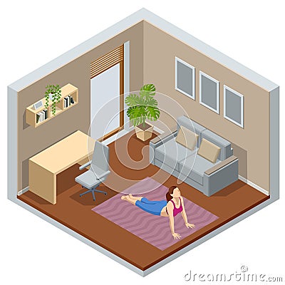 Isometric girl watching online classes on laptop, practicing yoga, meditation. Live stream, internet education. Healthy Vector Illustration