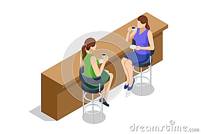 Isometric girls seating on cafe with wooden bar counter. Coffee shop patio. Women drink tea and talking Vector Illustration