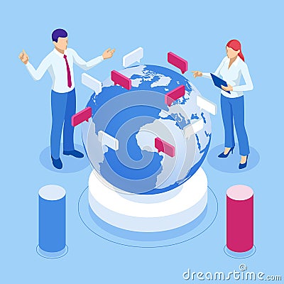 Isometric Global business of connections and information transfer in the world. Global network connection. Vector Illustration