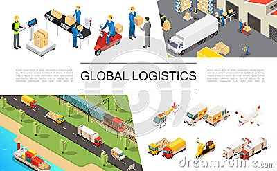 Isometric Global Logistics Elements Set Vector Illustration