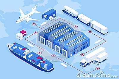 Isometric global logistics network. Air cargo, rail transportation, maritime shipping, warehouse, container ship, city Vector Illustration