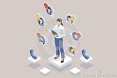 Isometric global online technical support with call center operators using headsets on computers for customer service Vector Illustration