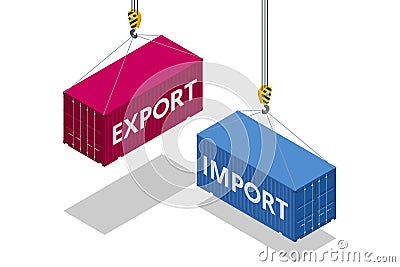 Isometric global trade, distribution and logistics. Goods and services import, export control, sales. Maritime port Vector Illustration