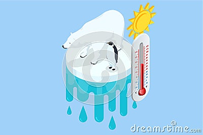 Isometric global warming concept. Polar bear and penguin on ice floe with thermometer. Melting iceberg and global Vector Illustration