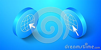Isometric Go To Web icon isolated on blue background. Globe and cursor. Website pictogram. World wide web symbol. Blue Vector Illustration
