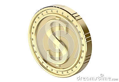 Isometric gold coin dollar, with a picture of a dollar pile. 3D render, isolated on white background. Stock Photo
