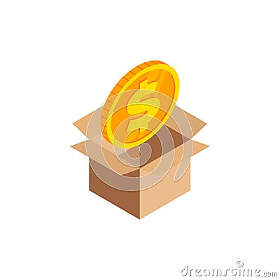 Isometric gold coin with dollar symbol in box Vector Illustration