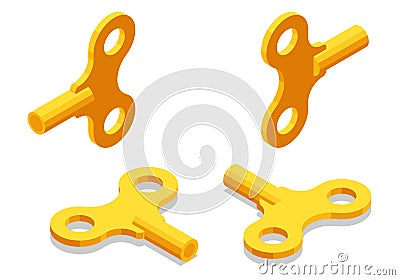 Isometric Gold Metal Windup Key for Clock and Toys on a white background Vector Illustration