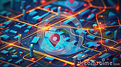 Isometric GPS map with a red pin marker representing destination tracking and navigation on a street map. Generative AI Stock Photo