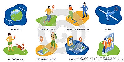 Isometric GPS Navigation Compositions Cartoon Illustration