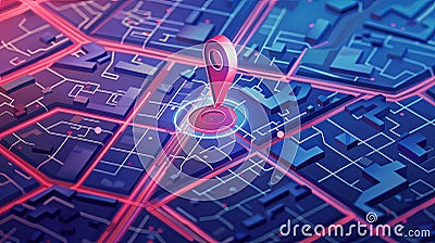 Isometric GPS tracking map with a red marker pinpointing a location on the street map. Generative AI Stock Photo