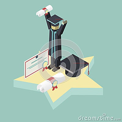 Isometric graduation scene Student Holds Diploma Vector Illustration