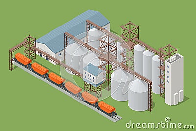 Isometric Grain elevator silos. Freight train being loaded with grain for transport. Transrportation of agricultural Vector Illustration