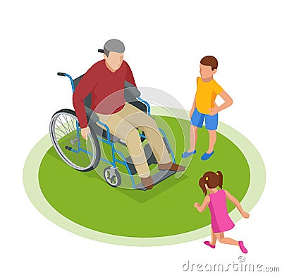 Isometric grandfather goes with grandchildren down the street. Happy family and childhood concept. Vector Illustration