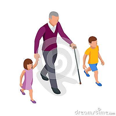 Isometric grandfather goes with grandchildren down the street. Happy family and childhood concept. Vector Illustration