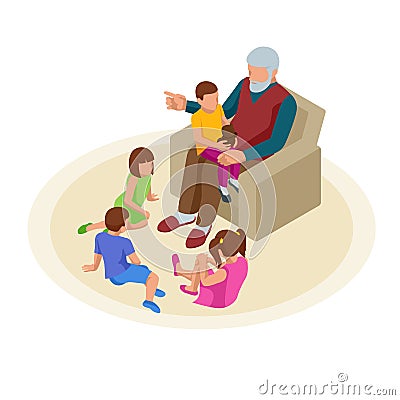 Isometric grandfather tells grandchildren tales in the nursery. Happy family and childhood concept. Vector Illustration