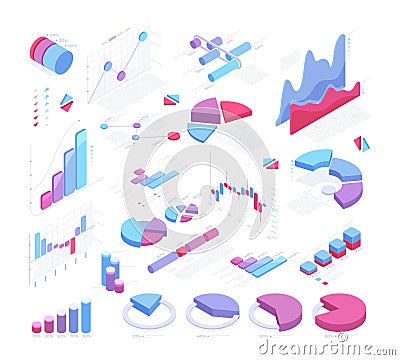 Isometric graph chart, 3d statistic diagram, data analysis symbols. Futuristic diagram charts, graph infographic vector symbols Vector Illustration