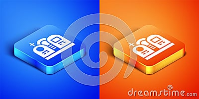 Isometric Grave with tombstone icon isolated on blue and orange background. Square button. Vector Vector Illustration