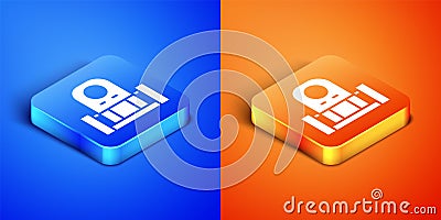 Isometric Grave with tombstone icon isolated on blue and orange background. Square button. Vector Vector Illustration