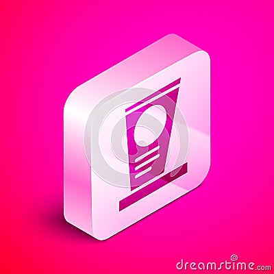 Isometric Grave with tombstone icon isolated on pink background. Silver square button. Vector Vector Illustration