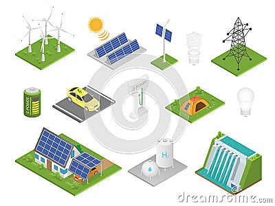 Isometric green technologies. Innovative eco industry collection, alternative energy sources sun battery and windmill Vector Illustration