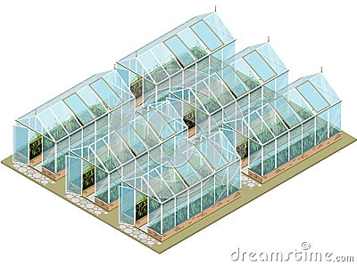 Isometric greenhouse farm with glass walls and foundations. Stock Photo