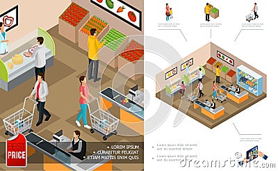 Isometric Grocery Shopping Concept Vector Illustration