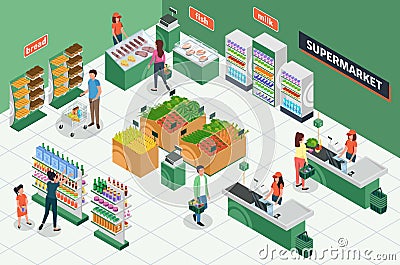 Isometric grocery store. Supermarket interior with furniture, customers, cashier. People buying groceries, shopping mall Vector Illustration