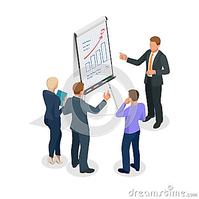 Isometric Group of business people looking at the graph on flipchart Vector Illustration