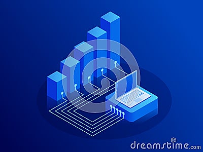 Isometric Growth and income concept. Innovation graphs Interfaces. Laptop with charts and graphs. Vector Illustration