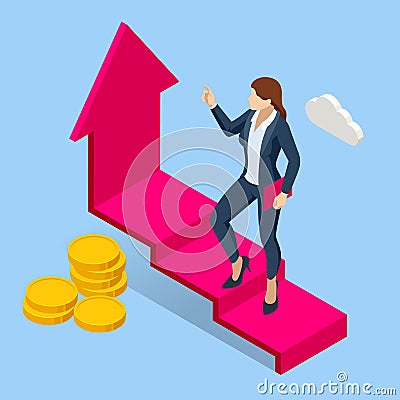 Isometric Growth Opportunity and Success Stair. Business woman standing on red arrow up go to success in career Vector Illustration