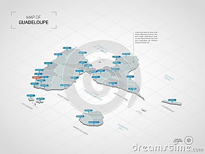 Isometric Guadeloupe map with city names and administrative divisions. Vector Illustration