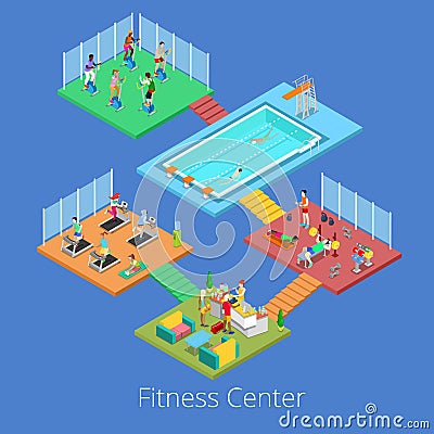 Isometric Gym Fitness Club Sport Center Interior with Cardio Room, Gym and Water Pool Vector Illustration