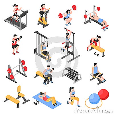 Isometric Gym Fitness Icons Vector Illustration