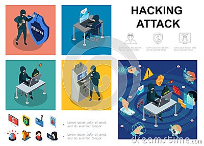 Isometric Hacker Activity Infographic Template Vector Illustration