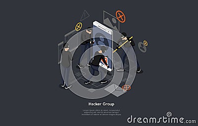 Isometric hacker attack concept. Internet hacker composition with hacker group headline. Vector Illustration