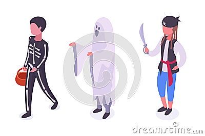 Isometric Halloween party kids. Boys wearing ghost, pirate and skeleton carnival costumes. Festive party masquerade children Vector Illustration