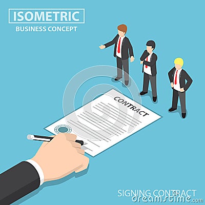 Isometric Hand Signing Contract in front of CEO Vector Illustration