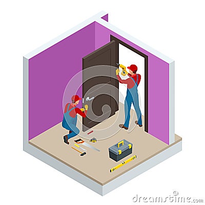 Isometric handymans installing a white door with an electric hand drill in a room. Construction building industry, new Vector Illustration