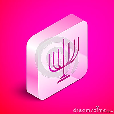 Isometric Hanukkah menorah icon isolated on pink background. Hanukkah traditional symbol. Holiday religion, jewish Stock Photo