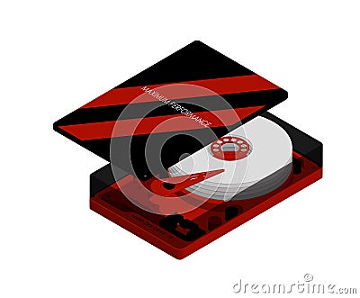 Isometric hard drive with an open cover in red and black, maximum performance. Internal organization. Isolated vector on white Stock Photo