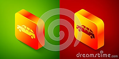 Isometric Hatchback car icon isolated on green and red background. Square button. Vector Vector Illustration