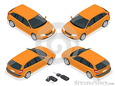 Isometric hatchback and car keys. Vector 3d flat transport. Car hatchback. Vector Illustration