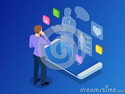 Isometric healthcare, diagnostics and online medical consultation app on smartphone. Digital health concept with a Vector Illustration