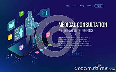 Isometric healthcare, diagnostics and online medical consultation app on smartphone. Digital health concept with a Vector Illustration