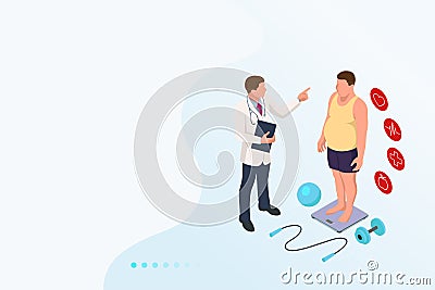 Isometric Healthy food and Diet planning concept. Doctor s consultation for an overweight patient. Health risk, obesity Vector Illustration