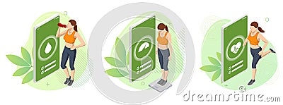 Isometric Healthy food and Diet planning for woman . Health monitoring application on the screen, Healthy eating Vector Illustration