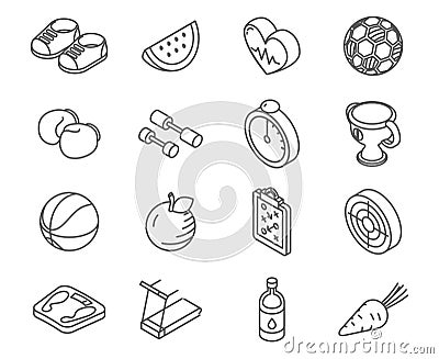 Isometric healthy lifestyle icons line art vector set. Vector Illustration