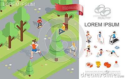 Isometric Healthy Lifestyle Template Vector Illustration